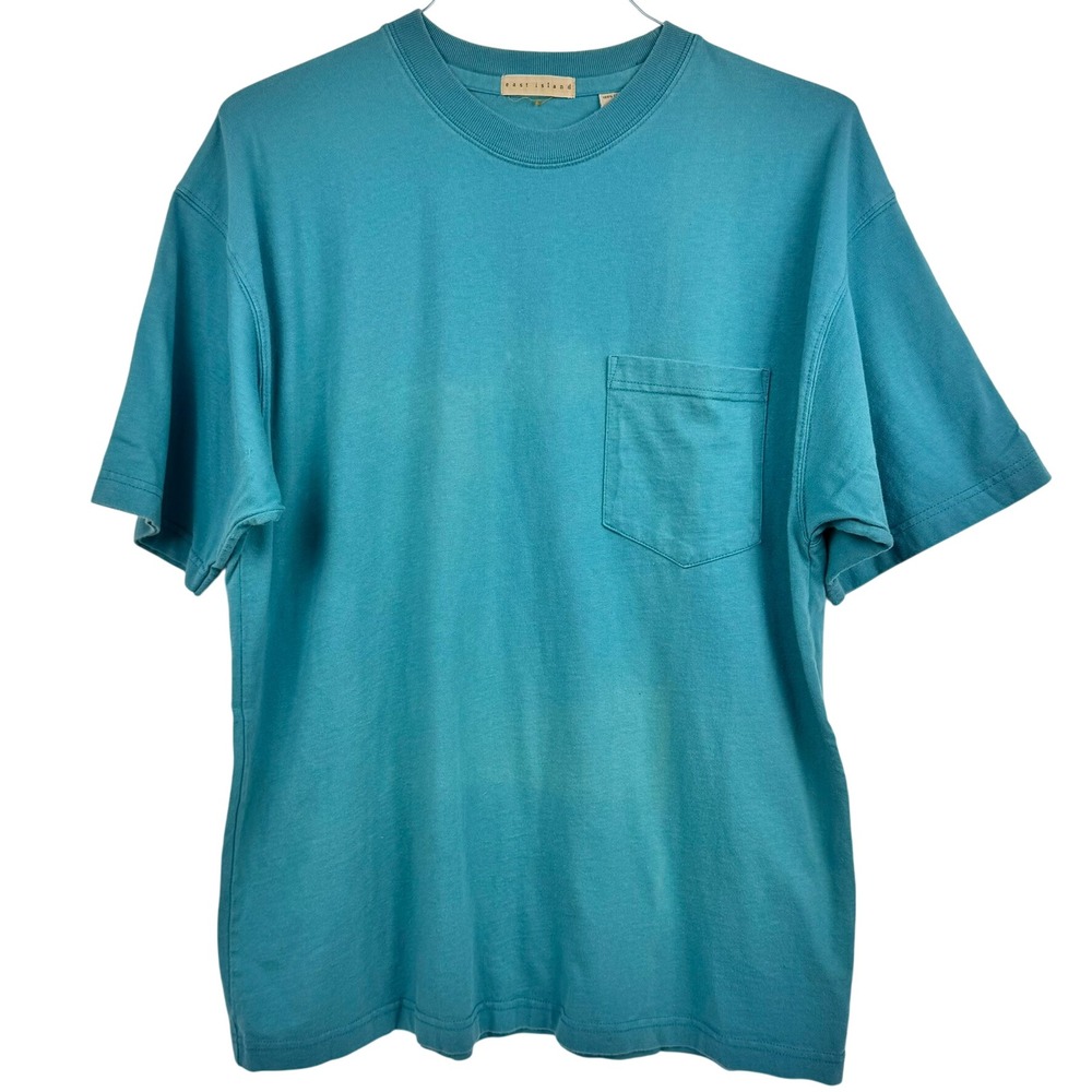 VTG 90s Pocket Tee Gradient Sun Fade Blue East‎ Island Cotton Sz Large